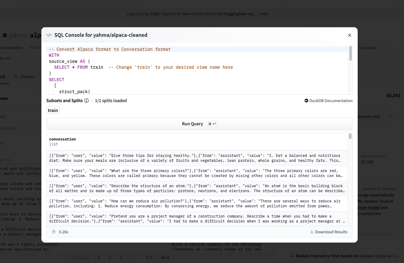 Hugging Face SQL Example