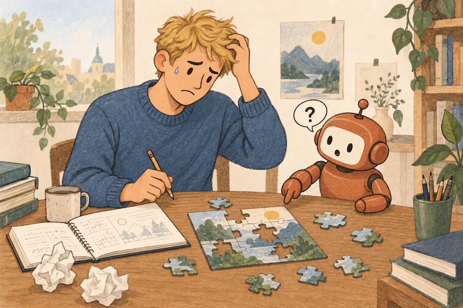 A learner works through a puzzle while a small robot offers a hint.