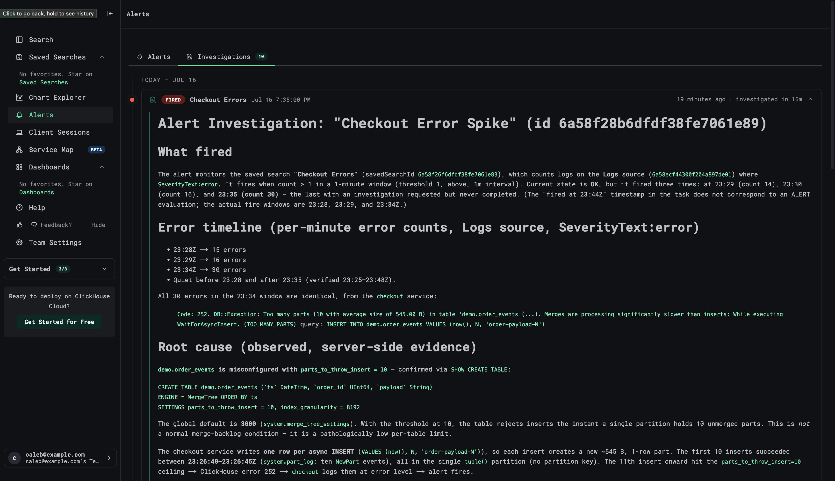 ClickStack Investigations tab showing the expanded agent report for the Checkout Error Spike alert, with error timeline and root cause confirmed via SHOW CREATE TABLE