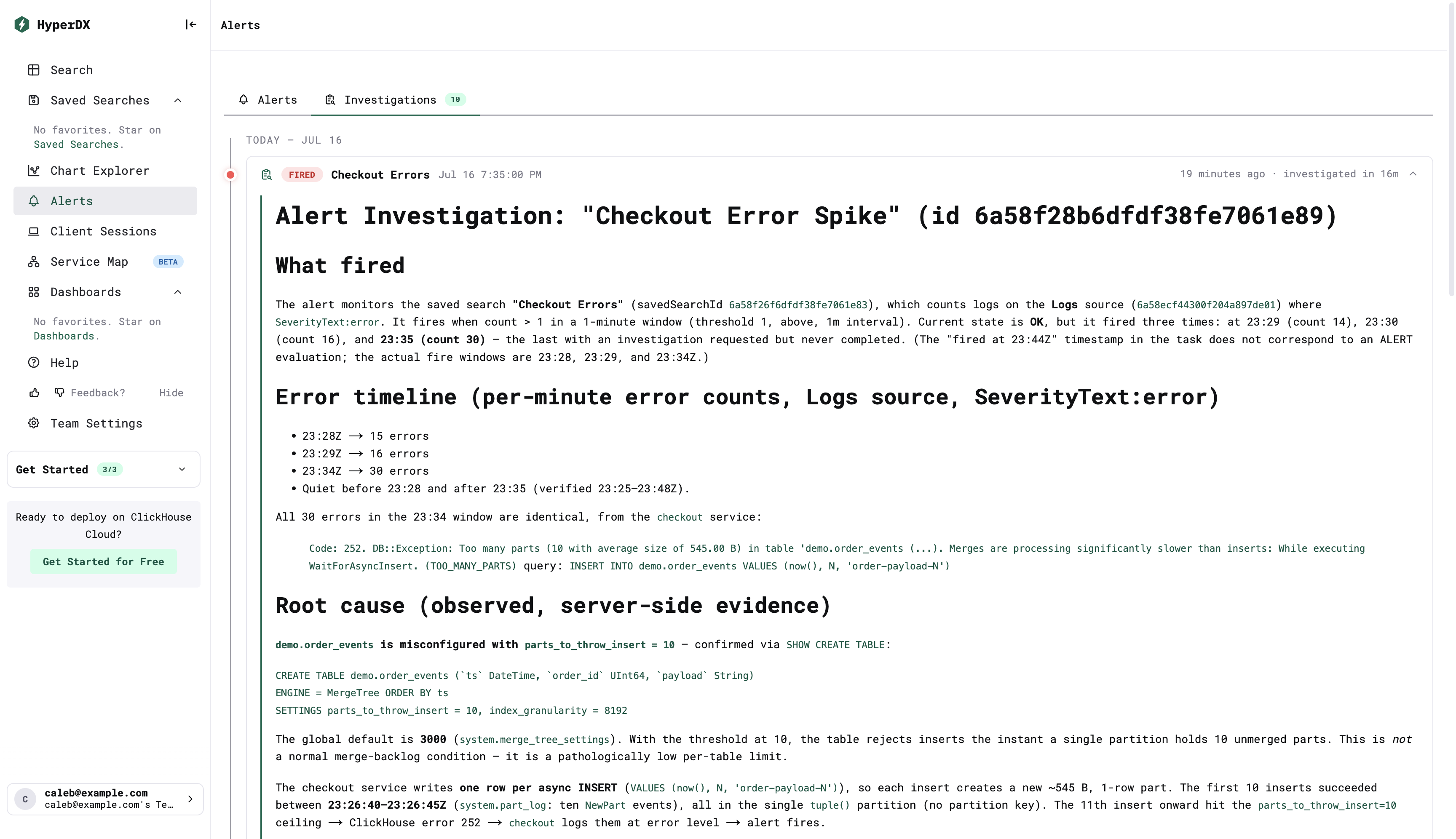 ClickStack Investigations tab showing the expanded agent report for the Checkout Error Spike alert, with error timeline and root cause confirmed via SHOW CREATE TABLE